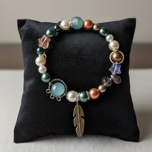 Elegant Wire Beaded Bracelet with Gold Feather Charm Dream Catcher Inspired